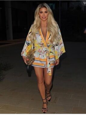 Multicolor Floral Wrap Romper with Yellow Trim